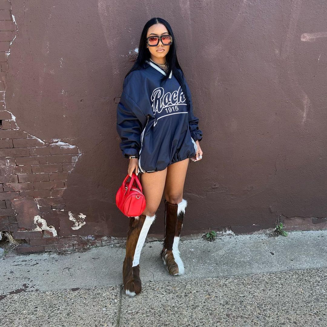 Street Letter Graphic Print Contrast Color Loose Large Hoody Mid Length Drawstring V Neck Top