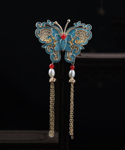 Blue Copper Overgild Pearl Butterfly Tassel Brooches