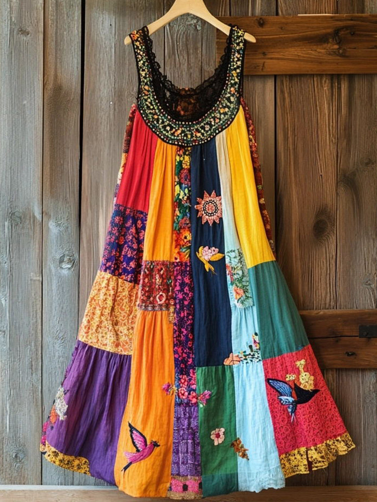 Boho Floral Embroidered Patchwork Linen Blend Dress elevenforest