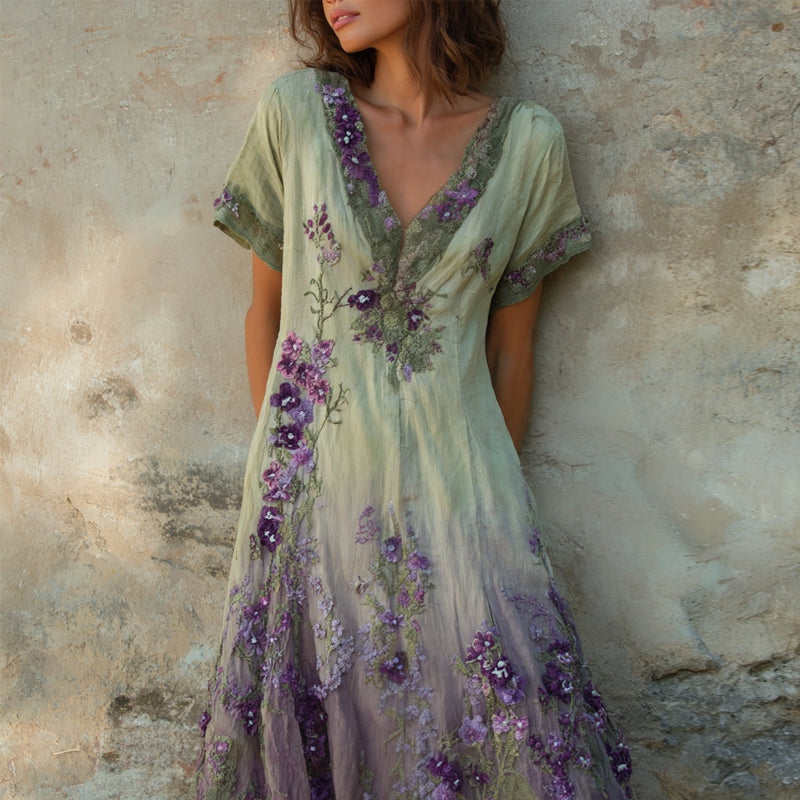 Purple Floral Embroidered Gradient Vintage Linen Maxi Dress elevenforest