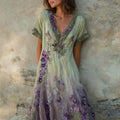 Purple Floral Embroidered Gradient Vintage Linen Maxi Dress elevenforest