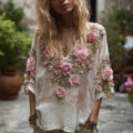 Ladies' Three-dimensional Flower Vintage V-neck Short-sleeved Shirt elevenforest