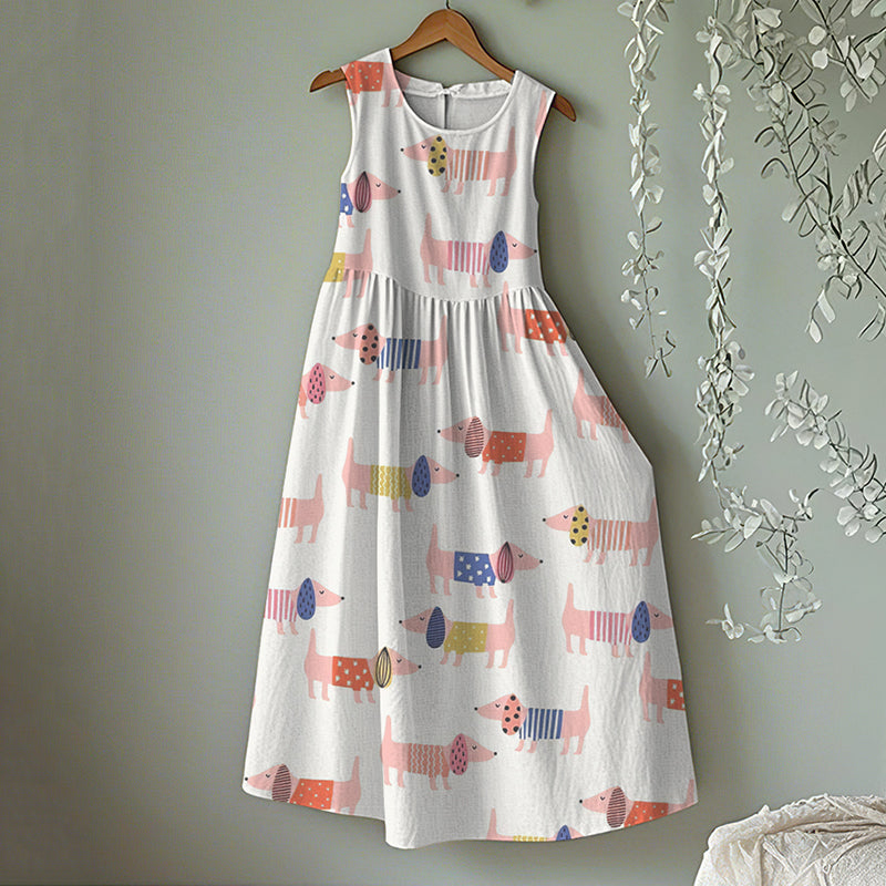 Vintage Dachshund Dog Art Linen Tank Midi Dress elevenforest