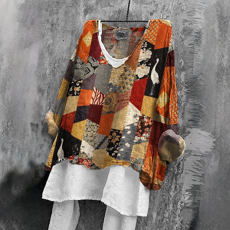 Women's Retro Japanese Patchwork Art V-neck T-shirt elevenforest