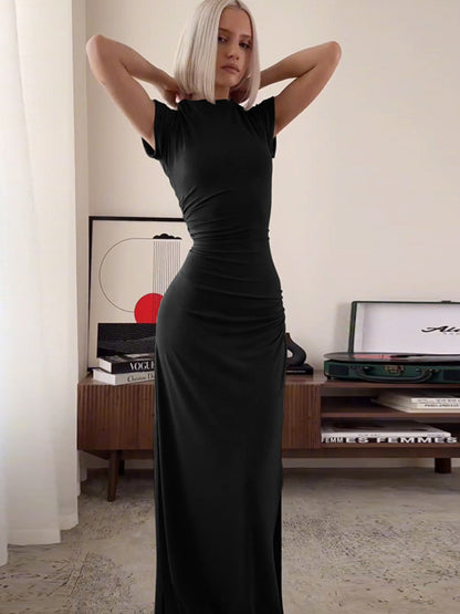 ’s O Neck Maxi Dress Short Sleeve Slim High Waist Dress Side Slit Evening Club Bodycon Dress Lady