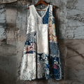 Japanese Art Retro Style Geometric Patchwork Design Lace Patch Women's Cotton And Linen Dress elevenforest