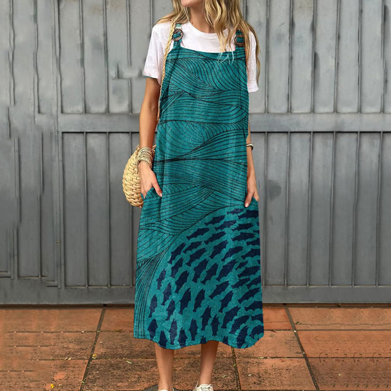 Women's Ocean And Fish Art Print Cotton Pocket Suspender Dress elevenforest