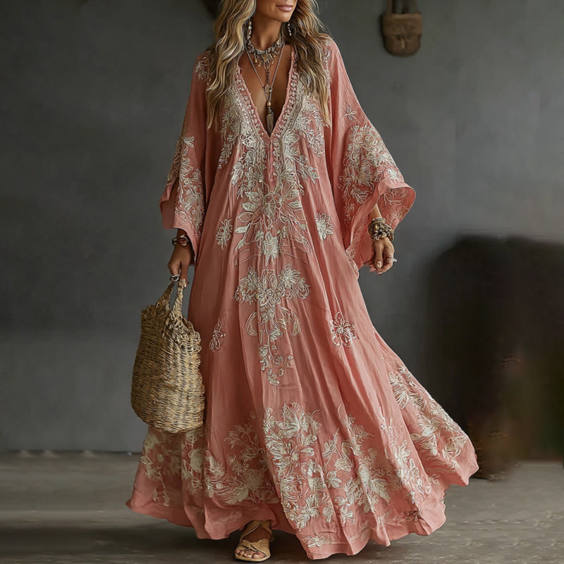 Vintage Boho Roses Embroidered Linen Maxi Dress elevenforest