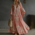 Vintage Boho Roses Embroidered Linen Maxi Dress elevenforest