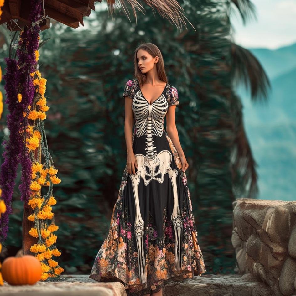 Halloween Plant Flower And Skeleton Bone Pattern Combined Design Women Long Cotton And Linen Dress elevenforest