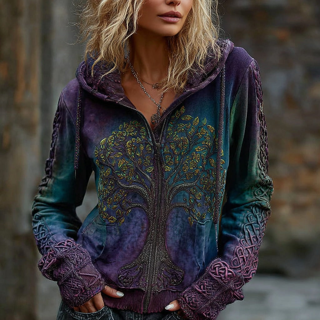 Women's Viking Celtic Knot Tree Of Life Comfort Warm Zip Hoodie elevenforest