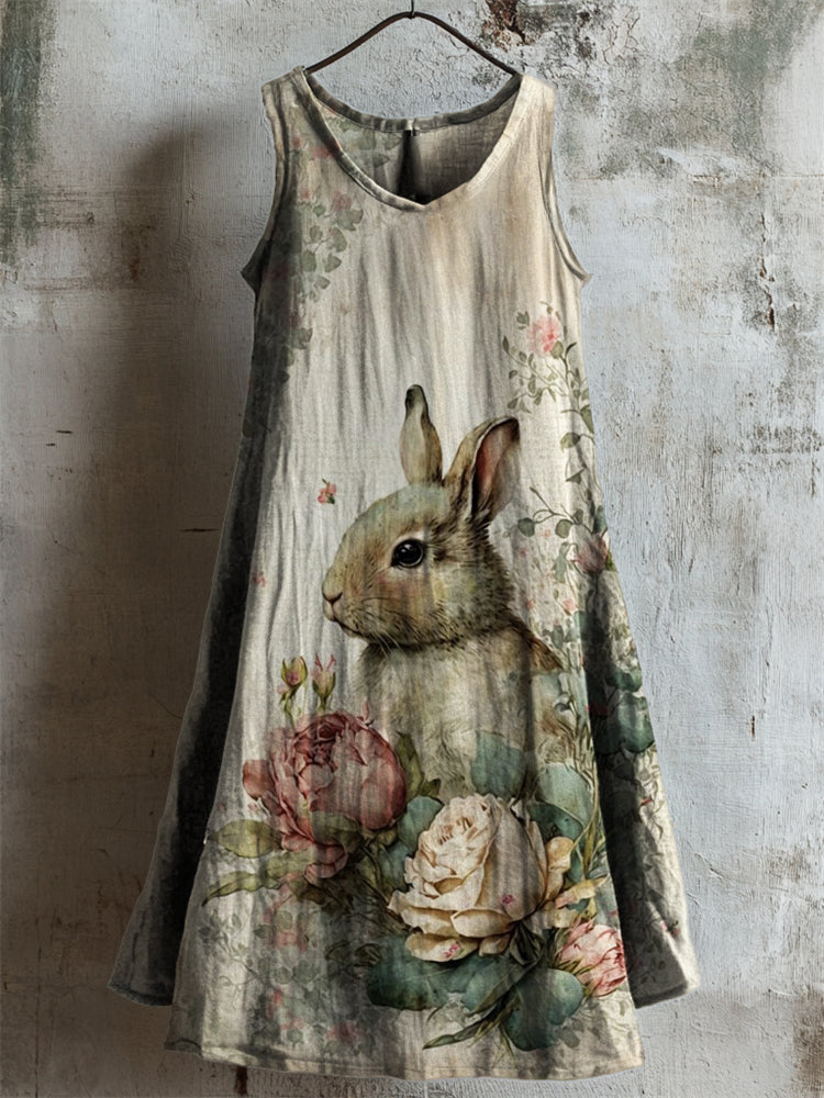 Vintage Bunny Floral Art Linen Tank Dress elevenforest
