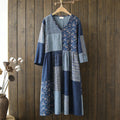 Comstylish Japanese Vintage Geometric Floral Patchwork Women's Linen Maxi Dress