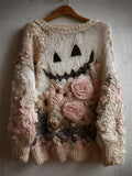 Comstylish Halloween Spooky Face & Roses Floral Cozy Knit Sweater