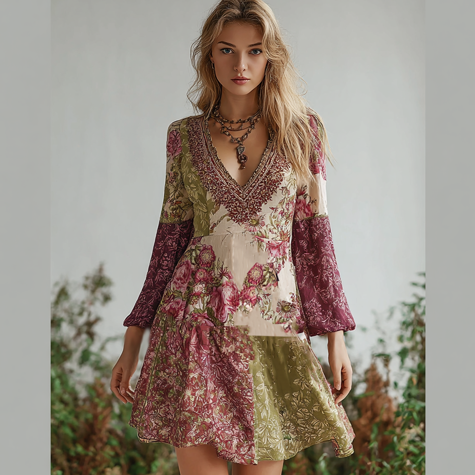 Bohemian Style Retro Floral Pattern Women's V-neck Dress elevenforest