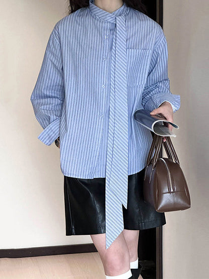 Long Sleeves Loose Buttoned Pockets Striped Tied Mock Neck Blouses&shirts Tops