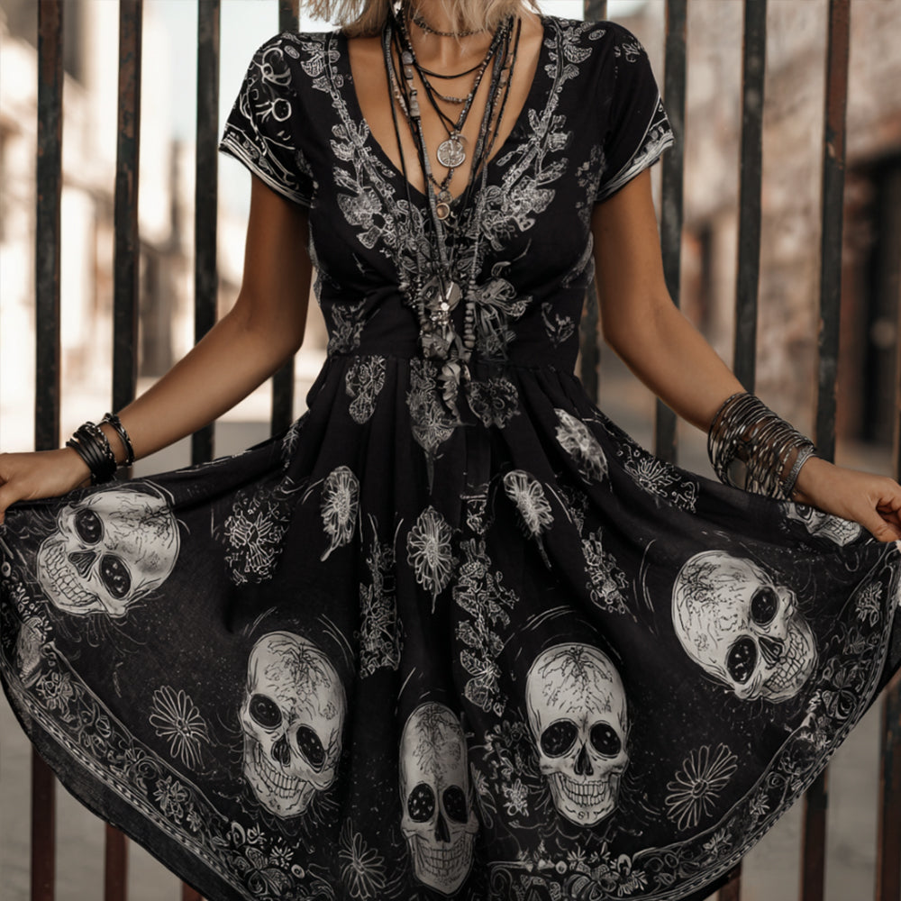 Skull Flower Print Embroidered V-neck Retro Black Short Sleeved A-line Short Skirt elevenforest