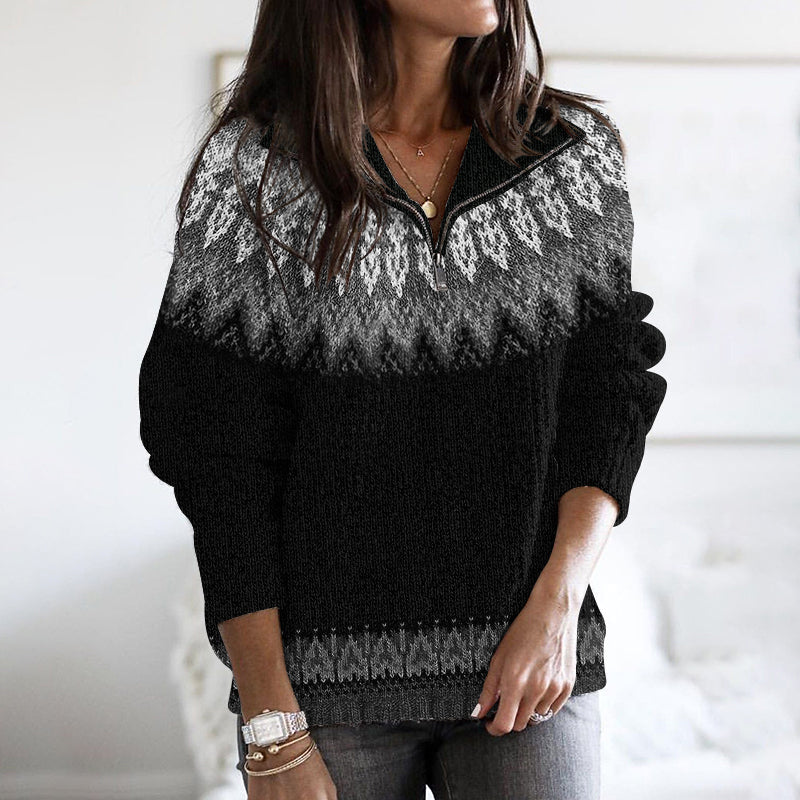 Vintage Tribal Icelandic Pattern Stand Collar Zip Sweater elevenforest