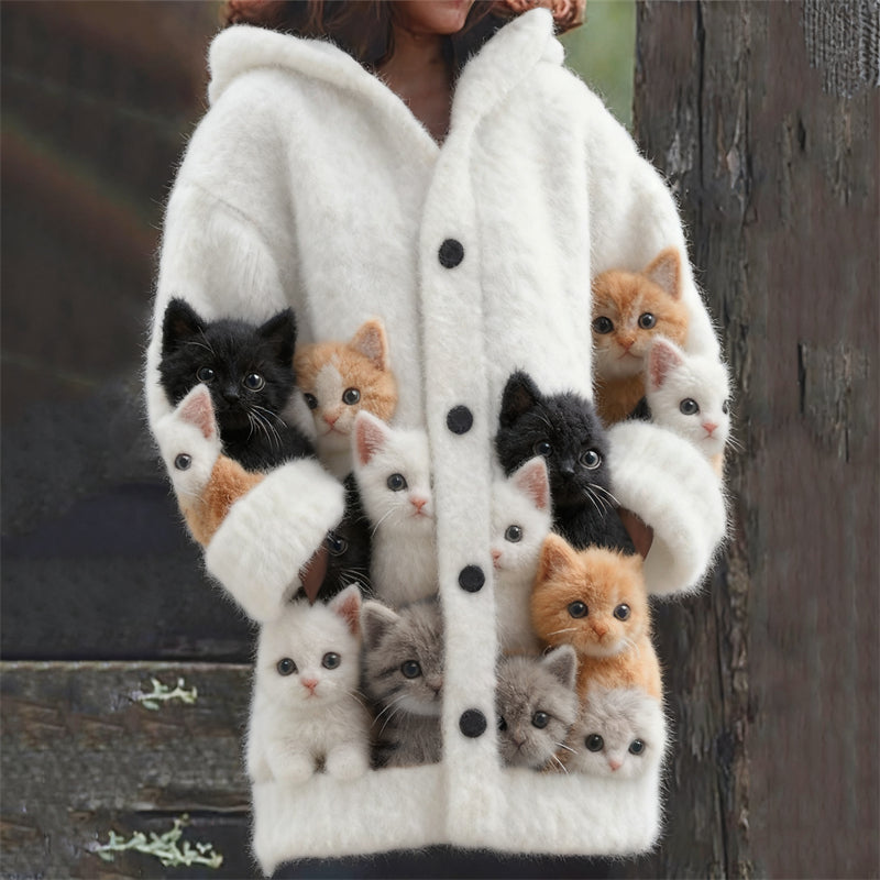 Comstylish Lovely Fuzzy Cats Cozy Knit Hooded Cardigan