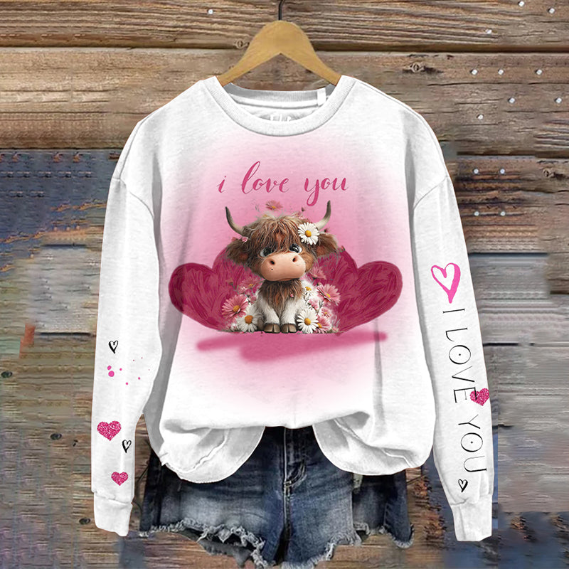 Comstylish Women's Valentine's Day Highland Cow Print Crew Neck Sweatshirt