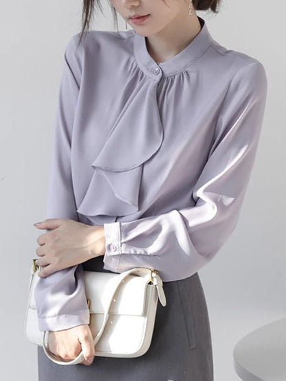 Long Sleeves Loose Buttoned Pleated Ribbon Color Mock Neck Blouses&shirts Tops