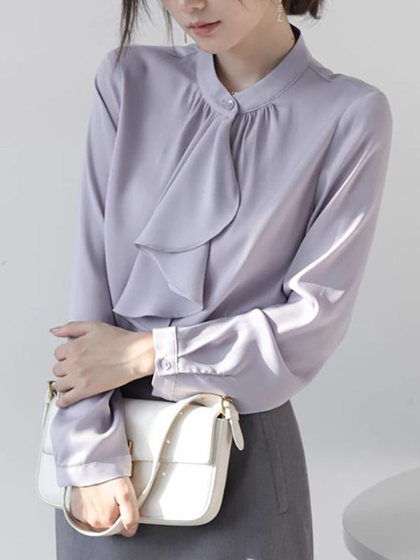 Long Sleeves Loose Buttoned Pleated Ribbon Color Mock Neck Blouses&shirts Tops