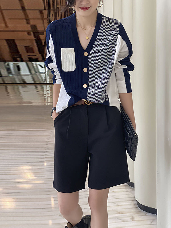 Urban Long Sleeves Contrast Color Split-joint V-neck Cardigan Tops