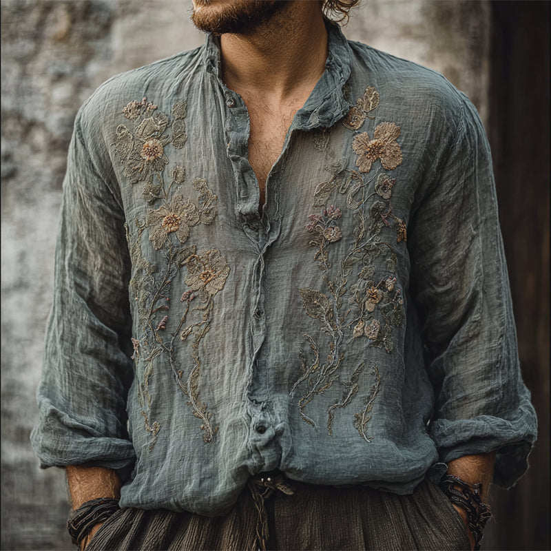 Men's Boho Floral Embroidered Flowy Beach Linen Shirt elevenforest