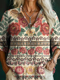 Women's Vintage Bohemian Floral Art Pattern Print Casual Cotton Shirt