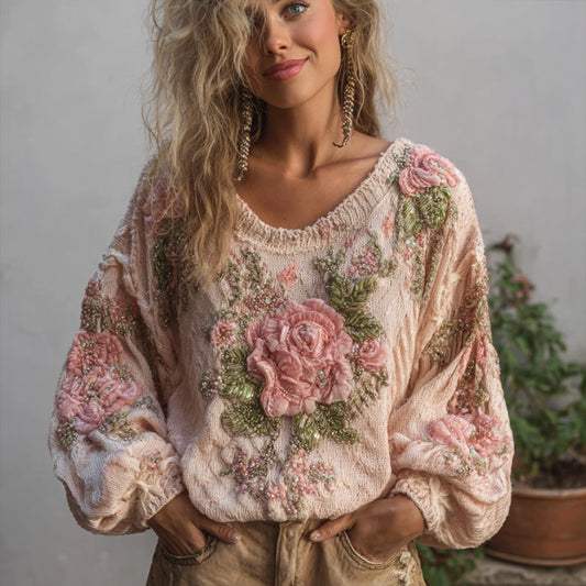 Comstylish Women's Vintage Jacquard Pink Warm Round-neck Sweater