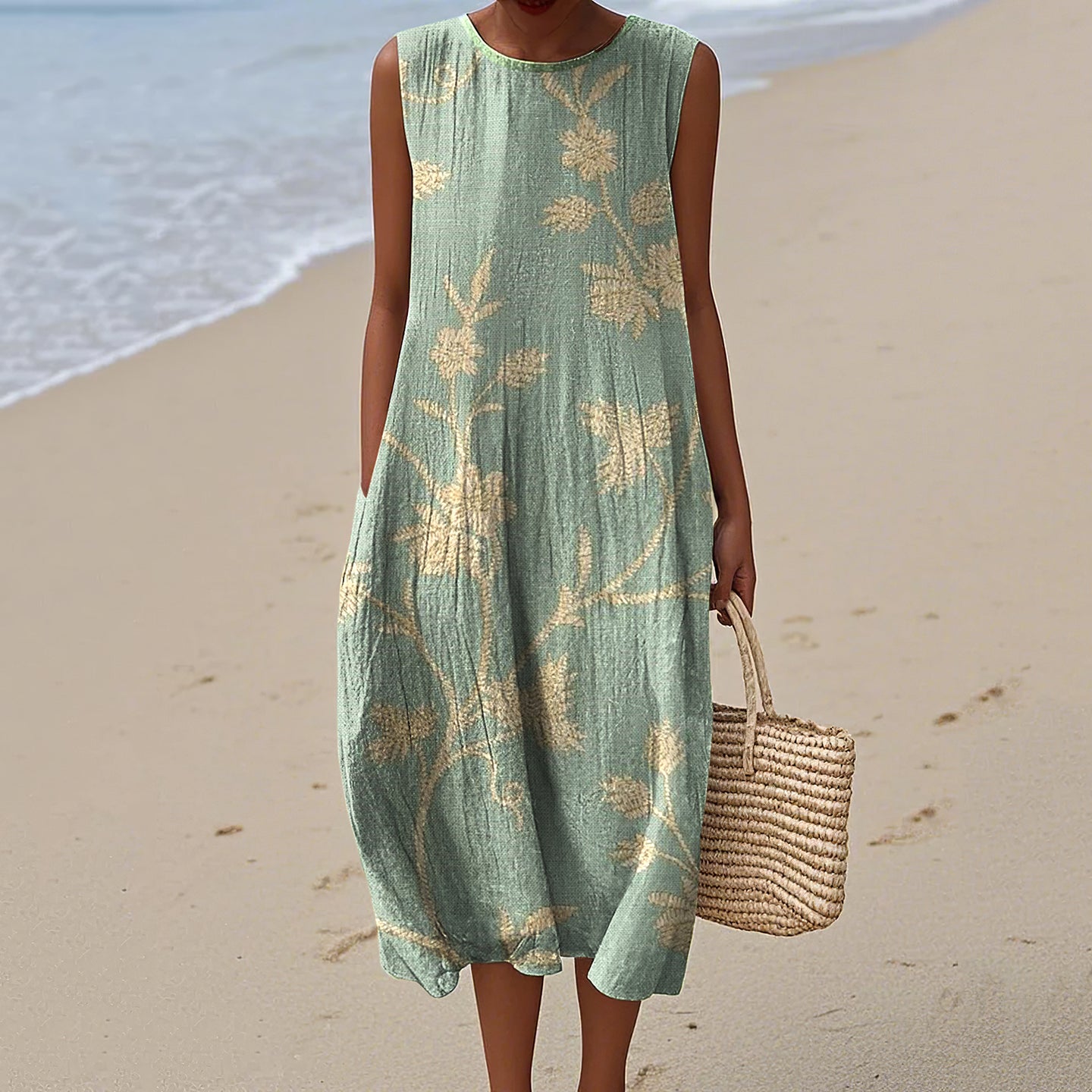 Women's Retro Floral Print Linen Tank Dress elevenforest