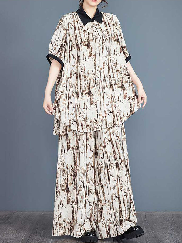 Half Sleeves High-low Buttoned Pleated Printed Split-side Lapel Blouses Top + Elasticity Pants Bottom Two Pieces Set