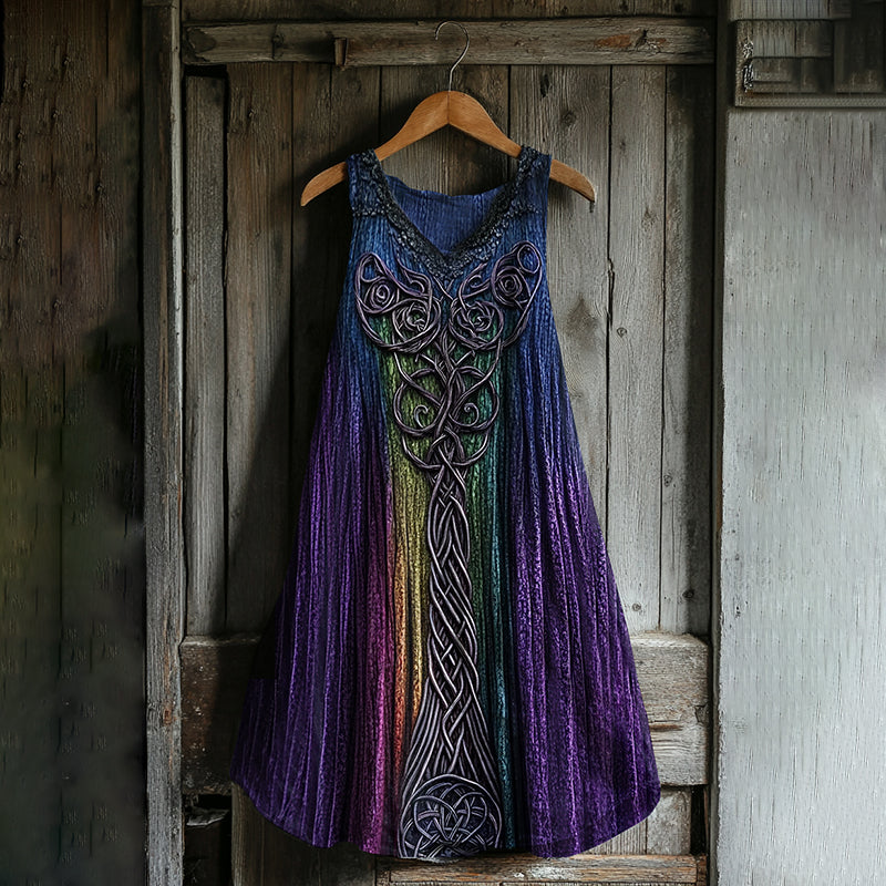 Women's Vintage Viking Tie-dye Print Cotton And Linen Dress elevenforest