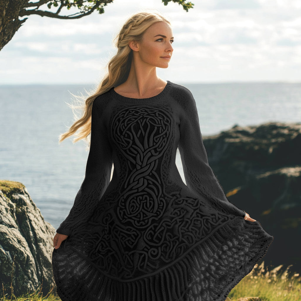 Women's Celtic Knot And Tree Of Life Long Sleeve Sweater Dress elevenforest