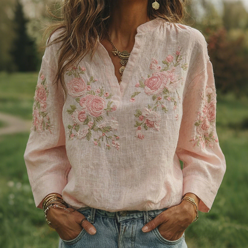 Women's Rose Art Pattern V-neck Loose Blouse elevenforest