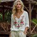 Retro Bohemian Floral Embroidery Art Graphics Cotton And Linen Blend Loose Blouse elevenforest