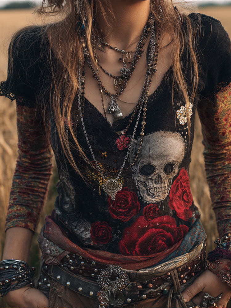 Women's Flower-skull Black Vintage Short-sleeved Shirt elevenforest