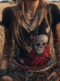 Women's Flower-skull Black Vintage Short-sleeved Shirt elevenforest