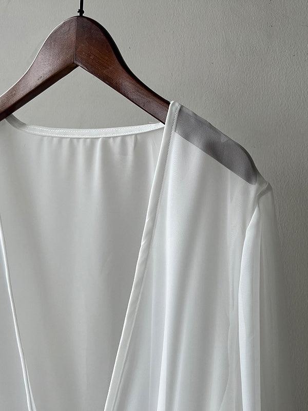 Bishop Sleeve Long Sleeves See-through Split-joint Tied Collarless Blouses&shirts Tops