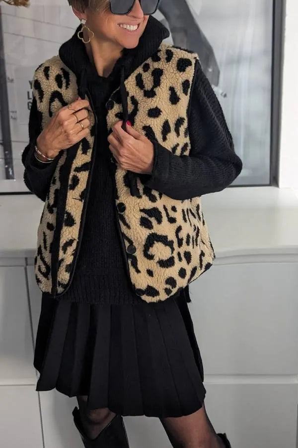 Leopard Print Front Opening Autumn and Winter Vest Jacket