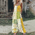 Women's Farm Floral Patchwork Contrasting Colors Linen Print Jumpsuit elevenforest