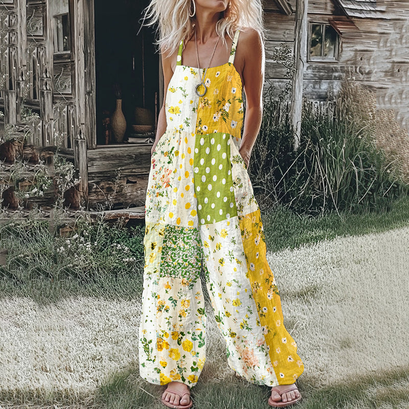 Women's Farm Floral Patchwork Contrasting Colors Linen Print Jumpsuit elevenforest