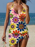 Women's Floral Print Suspender Shirred Swimsuit Set