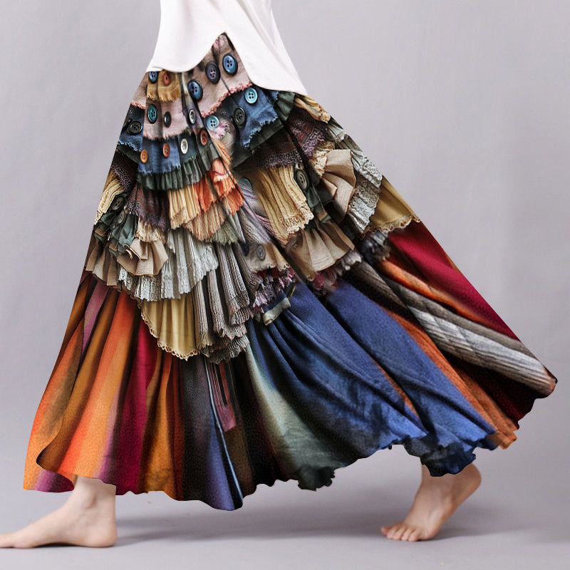 Vintage Boho Color Block Flowy Wide Skirt elevenforest