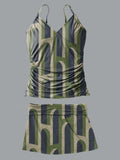 V-Neck Retro Green Geometric Grid Print Suspender Skirt Tankini Pantskirt Set Swimsuit