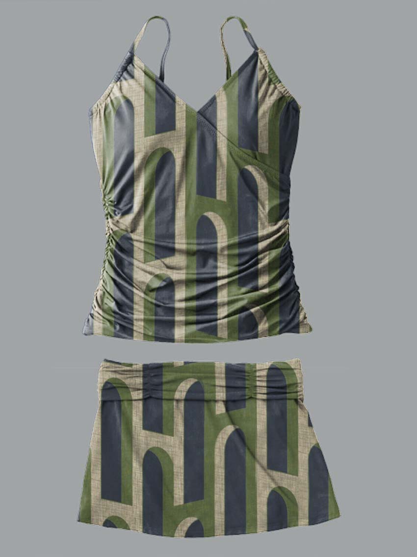V-Neck Retro Green Geometric Grid Print Suspender Skirt Tankini Pantskirt Set Swimsuit