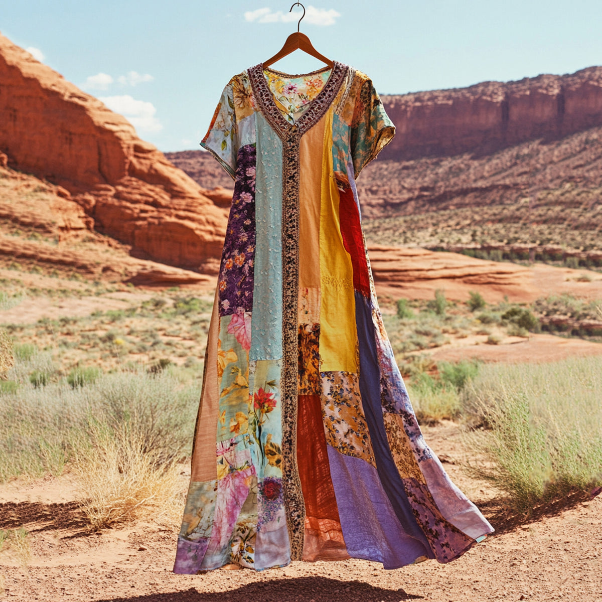 Women's Vintage Patchwork Flower Print Loose Midi Dress elevenforest