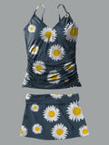 Daisy V-Neck Vintage Flowers Print Suspender Skirt Tankini Pantskirt Set Swimsuit