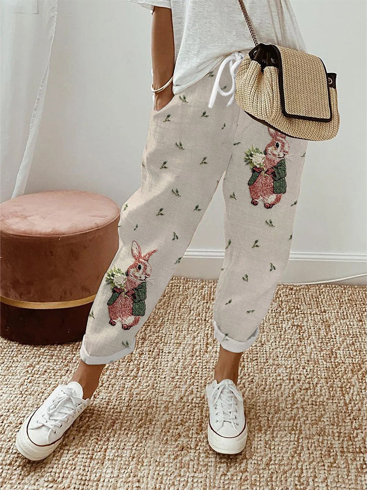 Comstylish Women's Cute Rabbit Embroidered Print Lace-up Loose With Elastic Waist Casual Pants