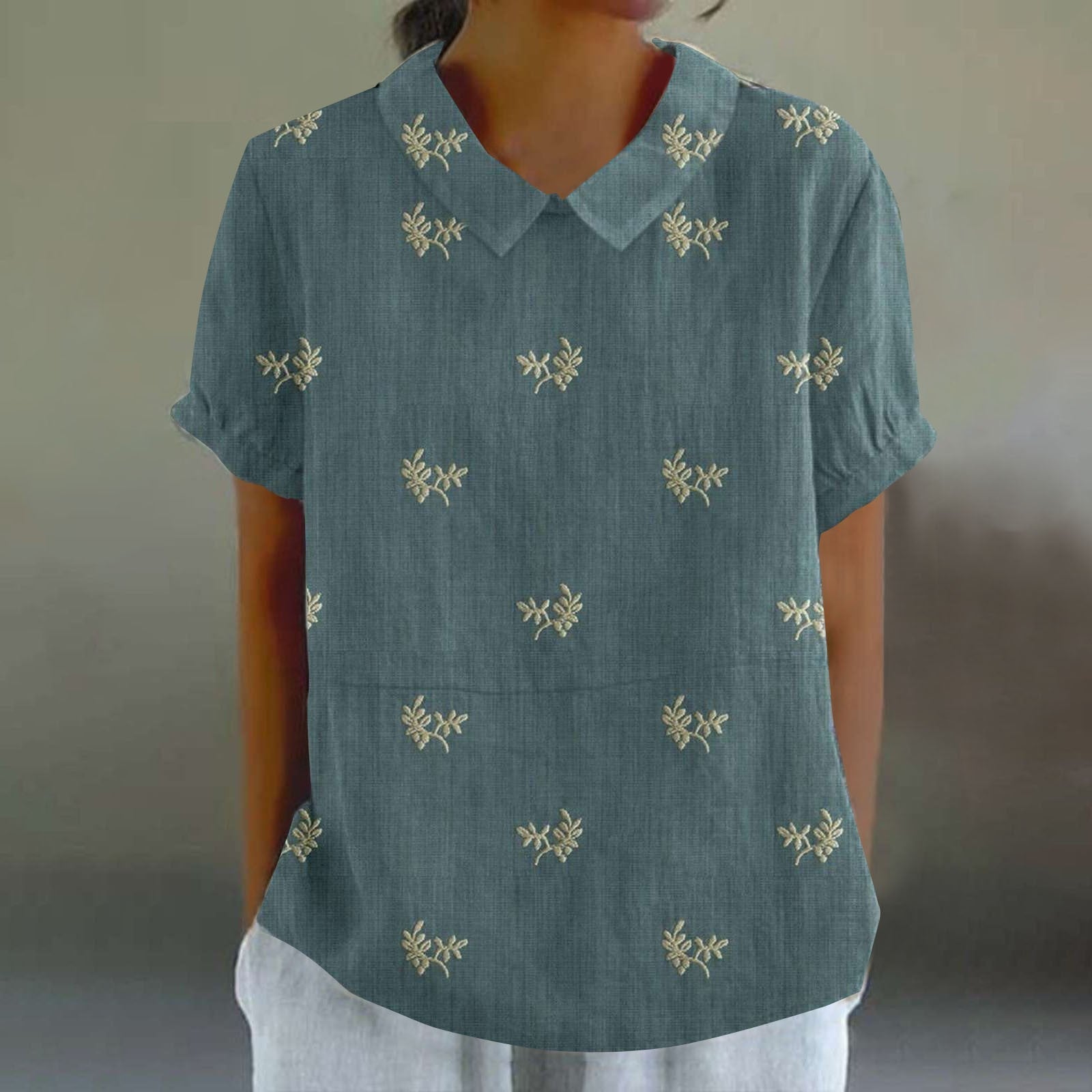 Women's Floral Embroidery Stripe Lapel Short Sleeve Casual Vintage Blouse elevenforest